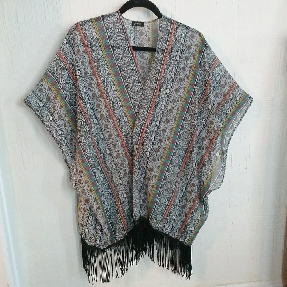 Poetry pattern kimono with fringe.  size medium
